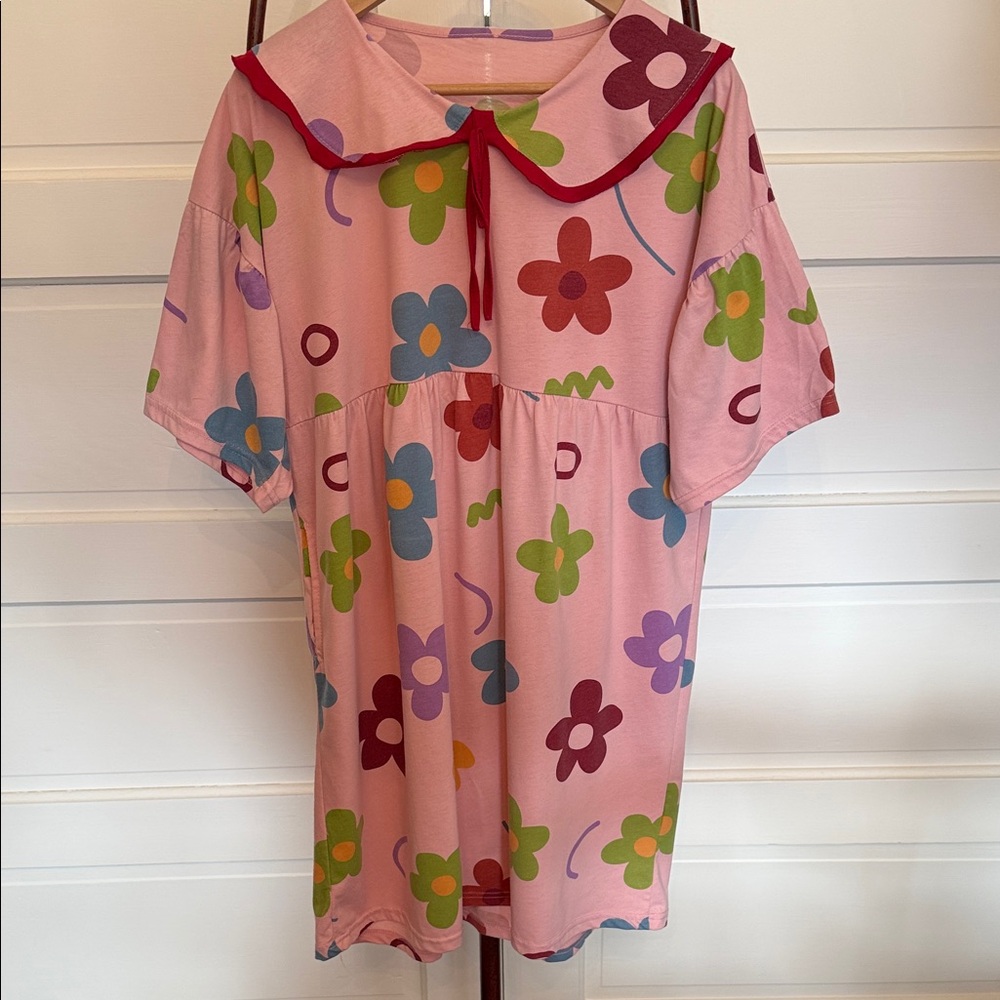 Whimsical Floral Cotton Shirt Dress | Oversized Cottagecore Pocket sailor collar